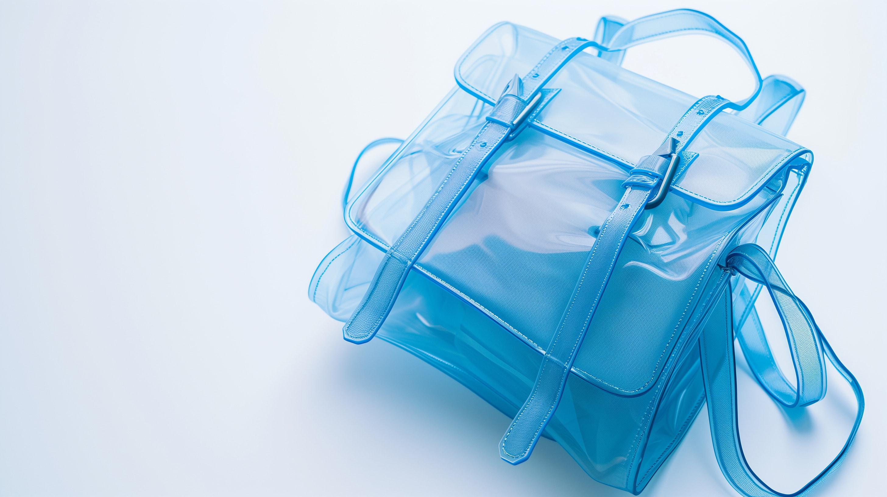 Clear blue plastic backpack.